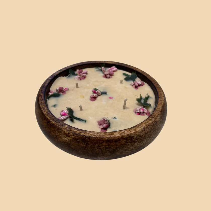 Blossom Haven Candle – Wooden Bowl Candle with Floral Wax Details
