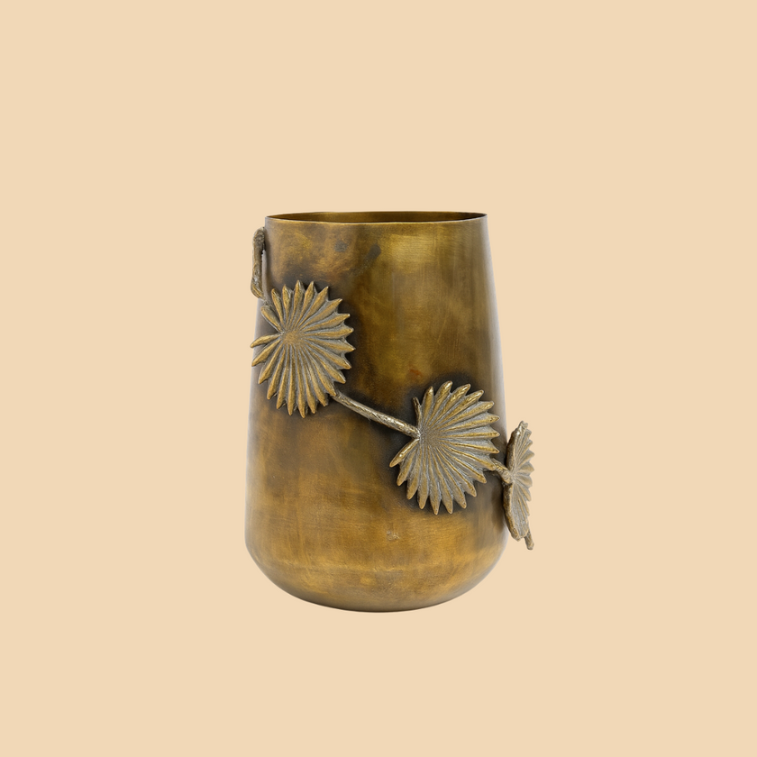 Antique Brass Vase with Leaf Detailing – Handcrafted Décor