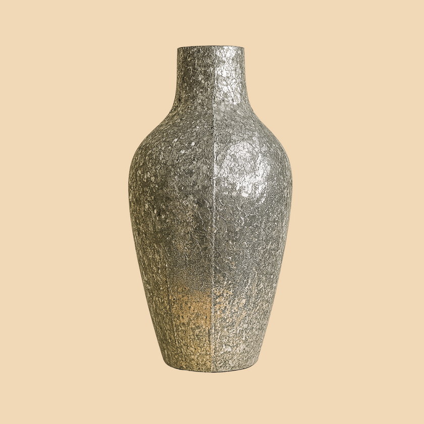 Decorative vase with textured surface on a beige background