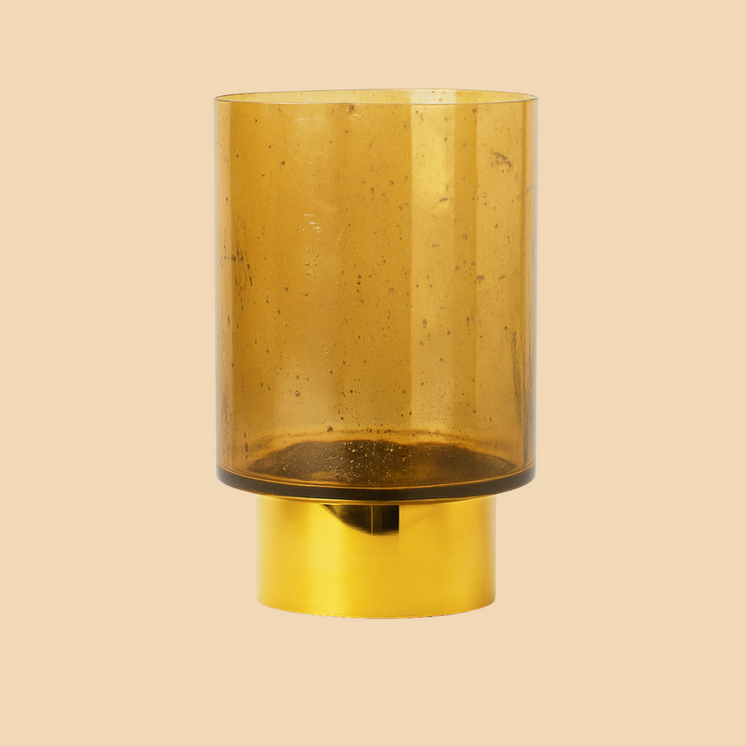 Amber Glass Cylinder Vase with Gold Base – Contemporary Elegance