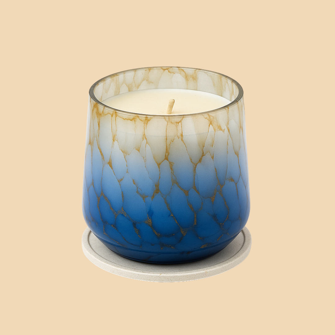 Azure Vein Glow Candle – Blue & White Marble Effect Glass Candle