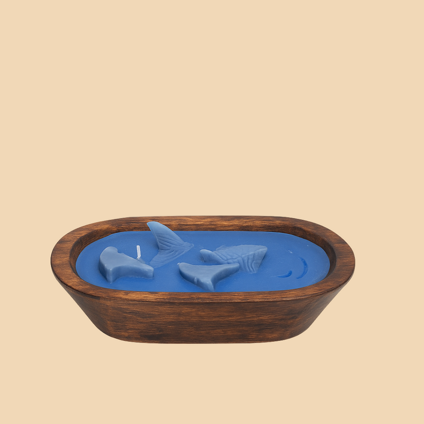 Blue Koi Fish Wax Candle – Handcrafted Decorative Candle in Wooden Bowl