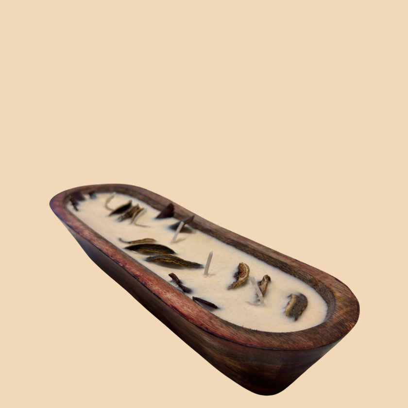 Rustic Row Wooden Candle – Long Wooden Bowl Candle with Multiple Wicks