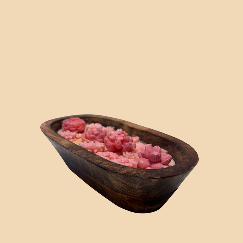Blush Bloom Glow Candle – Wooden Bowl Candle with Pink Floral Wax