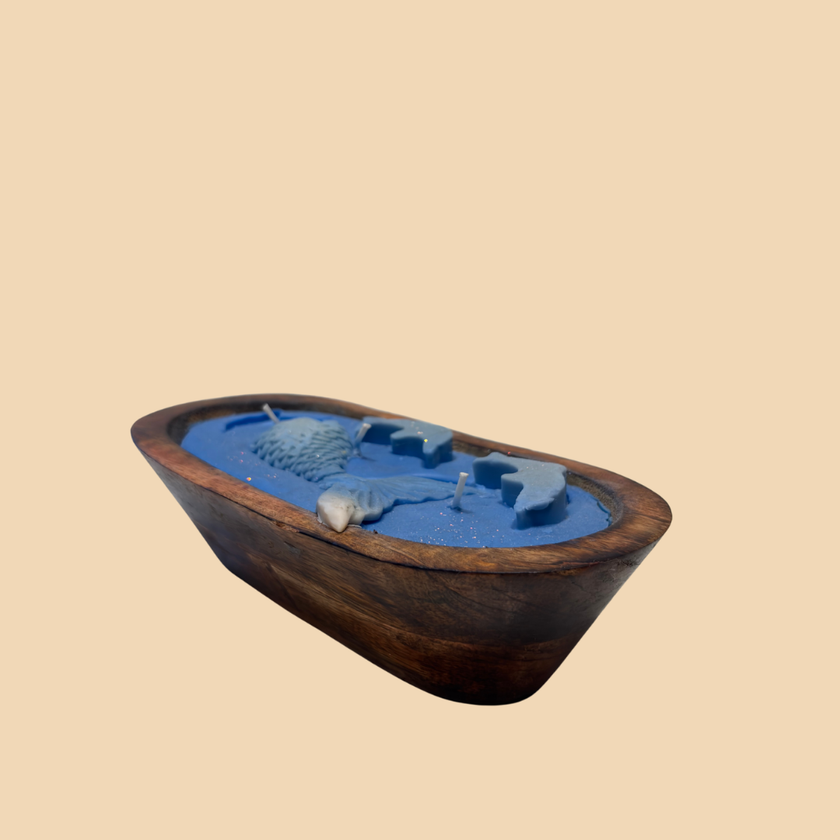 Blue Koi Fish Wax Candle – Handcrafted Decorative Candle in Wooden Bowl