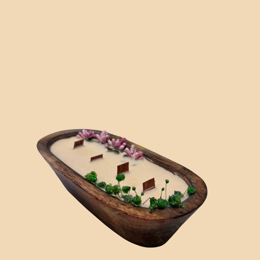 Rustic Row Wooden Candle – Long Wooden Bowl Candle with Multiple Wicks