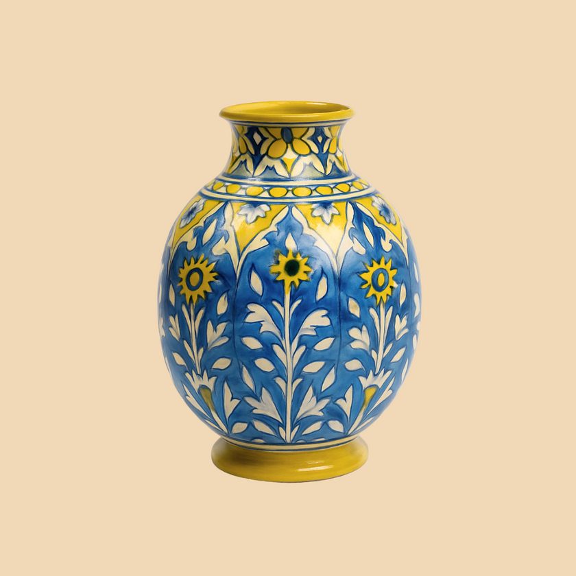 Decorative ceramic vase with blue, yellow, and white floral patterns on a beige background