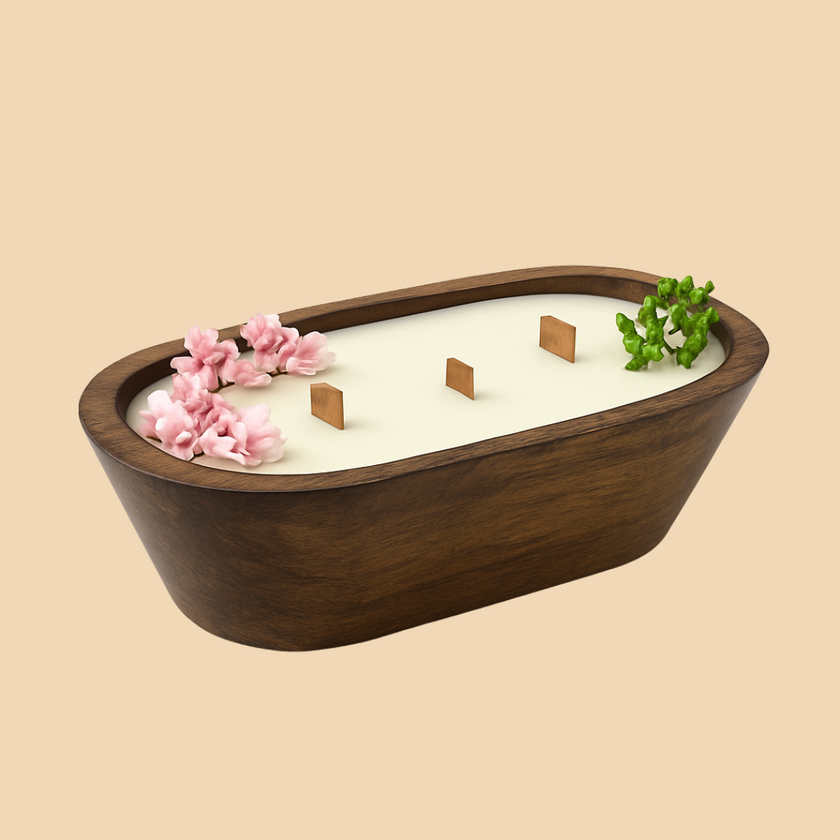Blush Bloom Glow Candle – Wooden Bowl Candle with Pink Floral Wax