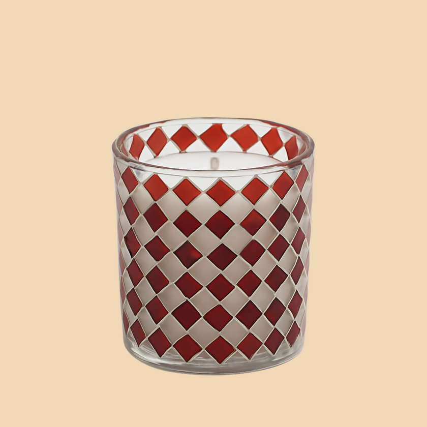Red Diamond Mosaic Candle – Elegant Red & Silver Mosaic Glass Candle