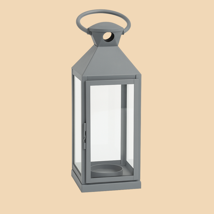 Grey Metal Frame Glass Lantern – Modern Rustic Candle Holder