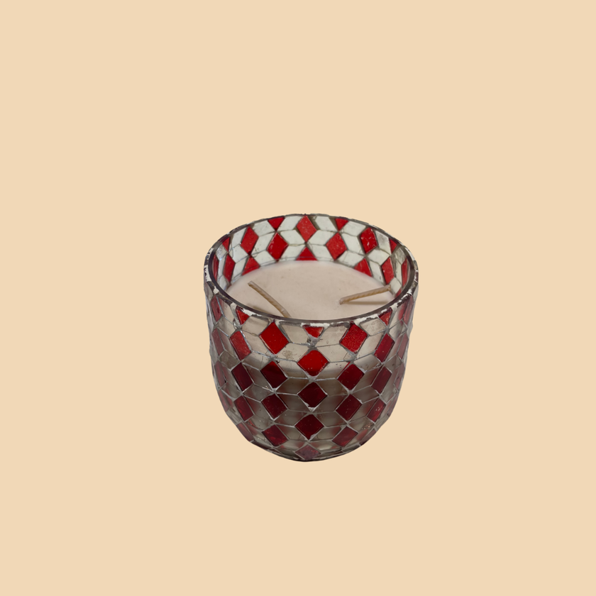 Red Diamond Mosaic Candle – Elegant Red & Silver Mosaic Glass Candle