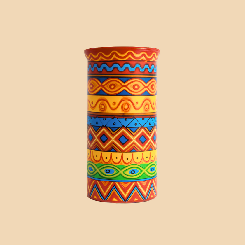 Colorful patterned vase on a beige background