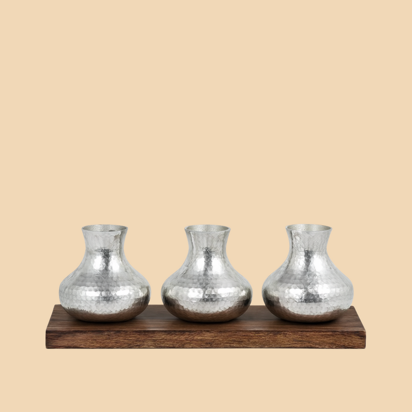 Hammered Silver Candle Holder Trio – Wooden Base Centerpiece