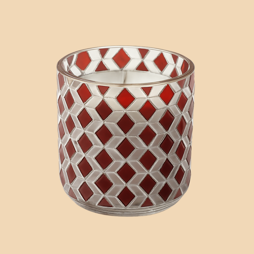Red Diamond Mosaic Candle – Elegant Red & Silver Mosaic Glass Candle