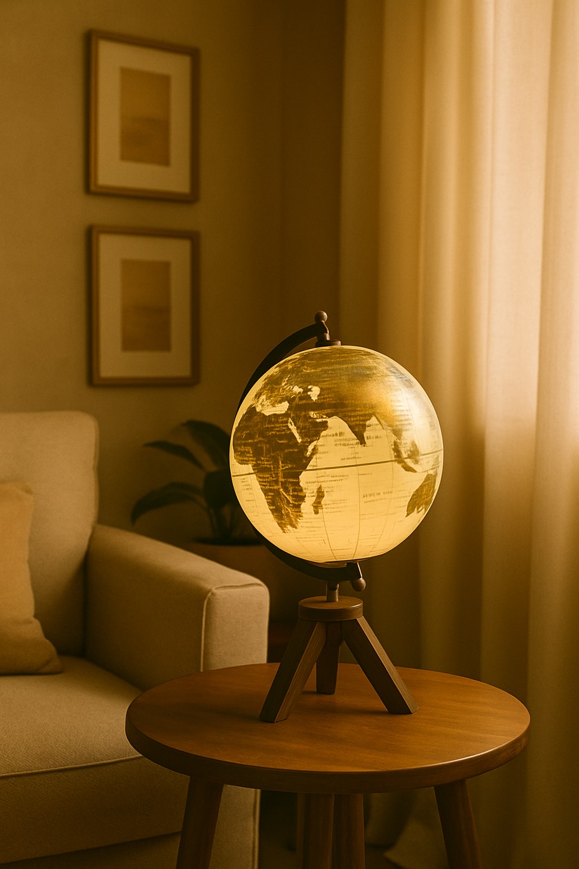 Antique Gold and White Tabletop Globe on Wooden Tripod Stand