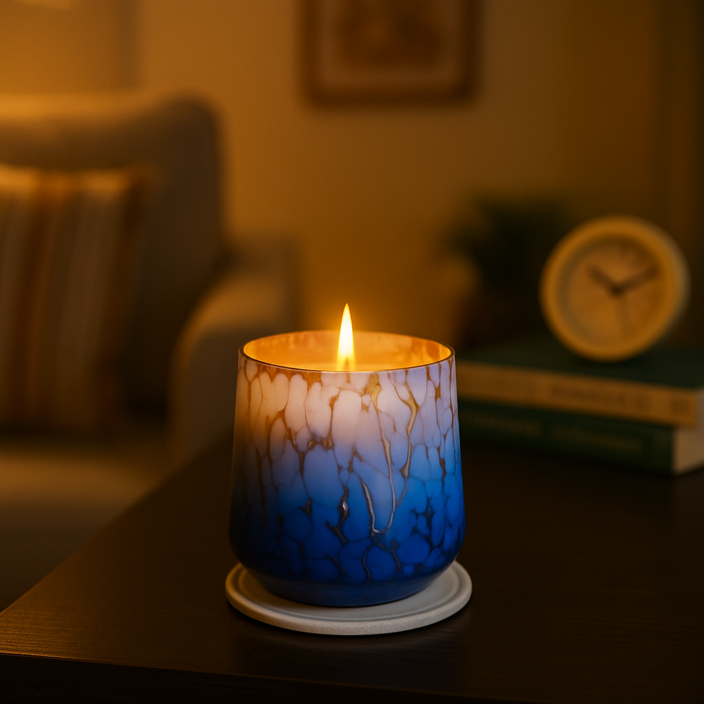 Azure Vein Glow Candle – Blue & White Marble Effect Glass Candle