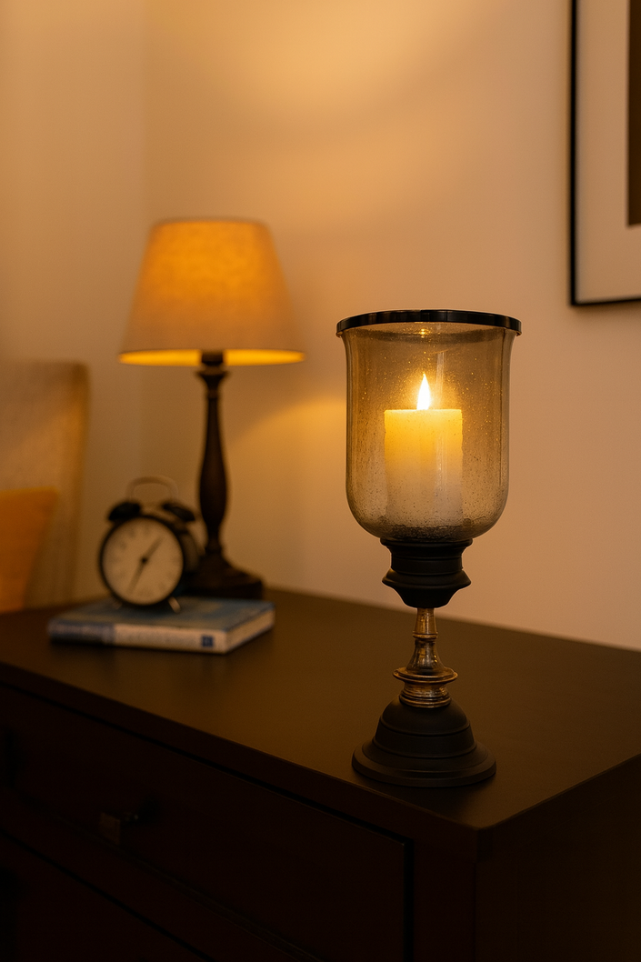 Black & Gold Hurricane Glass Candle Holder – Modern Chic Lighting