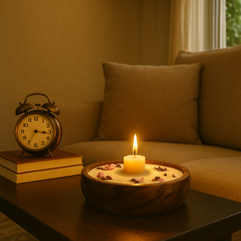 Blossom Haven Candle – Wooden Bowl Candle with Floral Wax Details