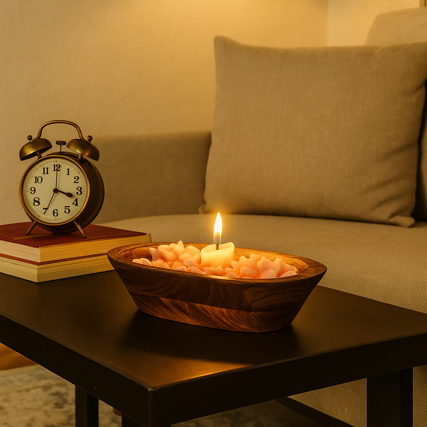 Blush Bloom Glow Candle – Wooden Bowl Candle with Pink Floral Wax