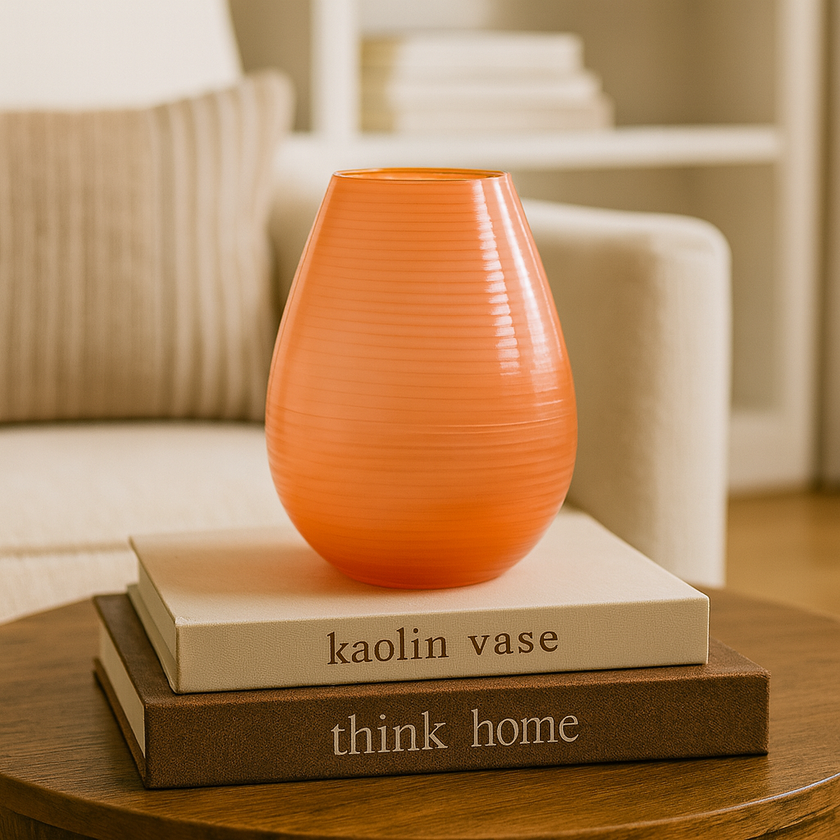 Orange vase on a stack of books with 'think home' branding