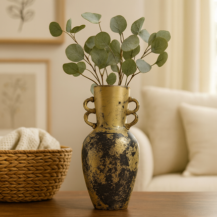 Twin-Handled Black & Gold Vase – Vintage Artistic Décor