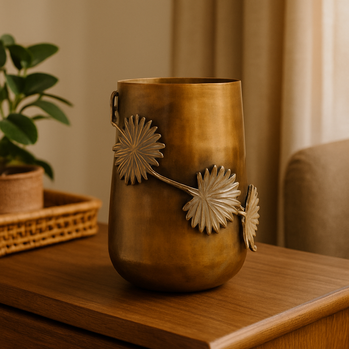 Antique Brass Vase with Leaf Detailing – Handcrafted Décor