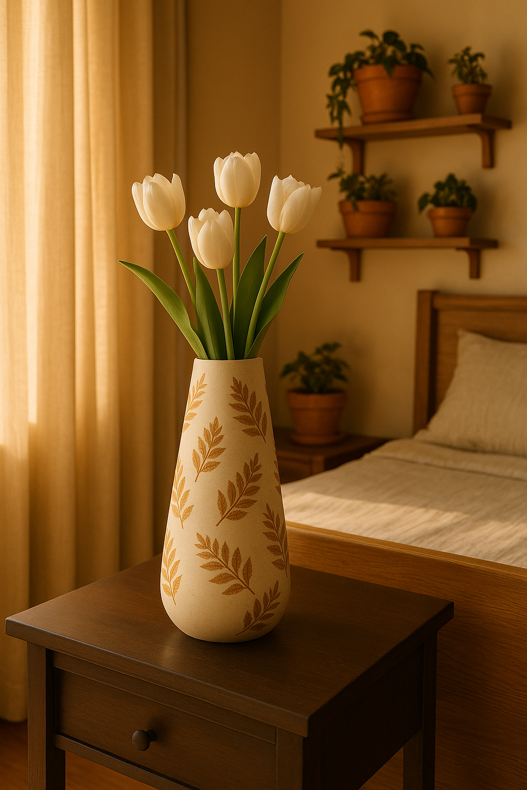 Tall White Vase with Golden Leaf Imprints – Elegant Home Décor