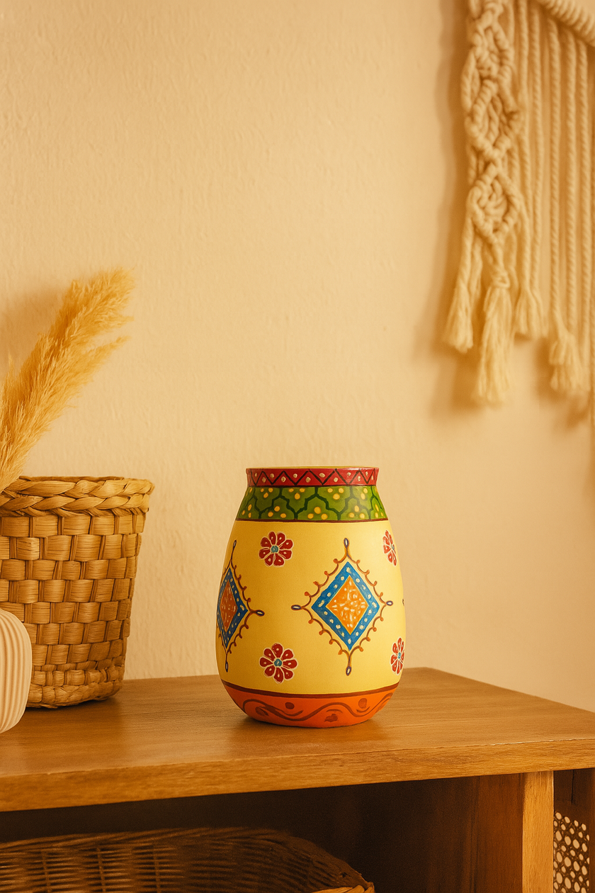 Hand-Painted Yellow Vase – Traditional Indian Art Décor