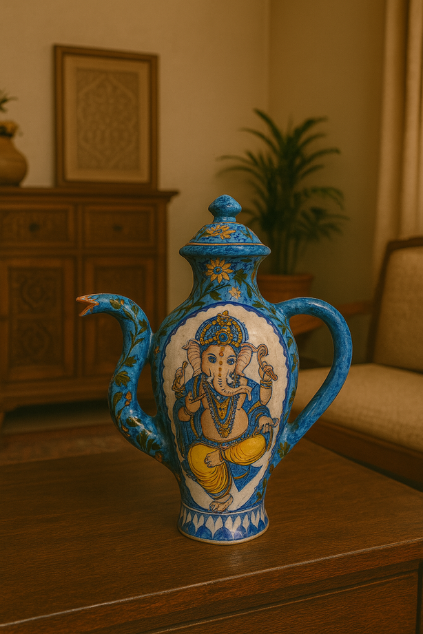 Decorative blue vase with artistic design on a wooden surface
