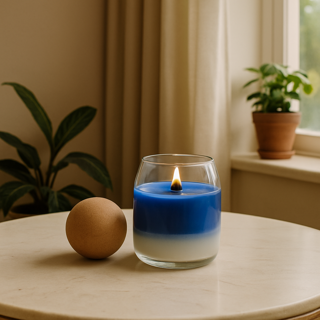 Blue & White Gradient Candle – Artistic Glass Candle with Cork Top