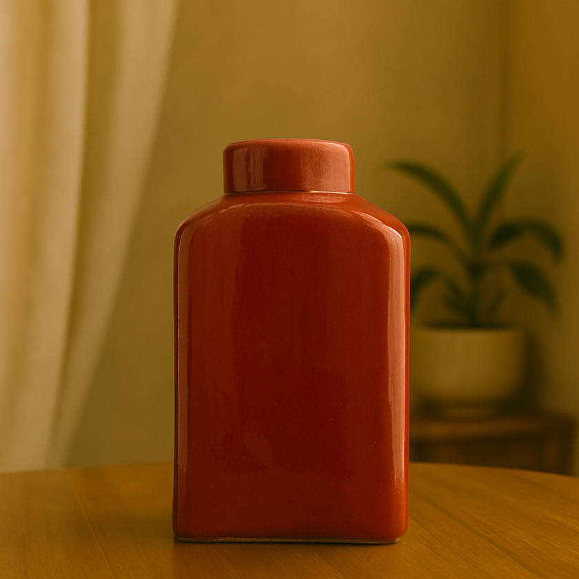 Red ceramic jar on a wooden surface with a blurred plant and curtain in the background