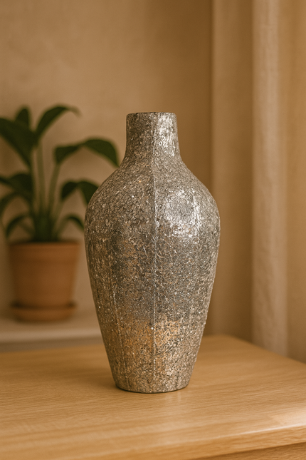 Textured vase on a wooden surface with a blurred plant and beige wall in the background