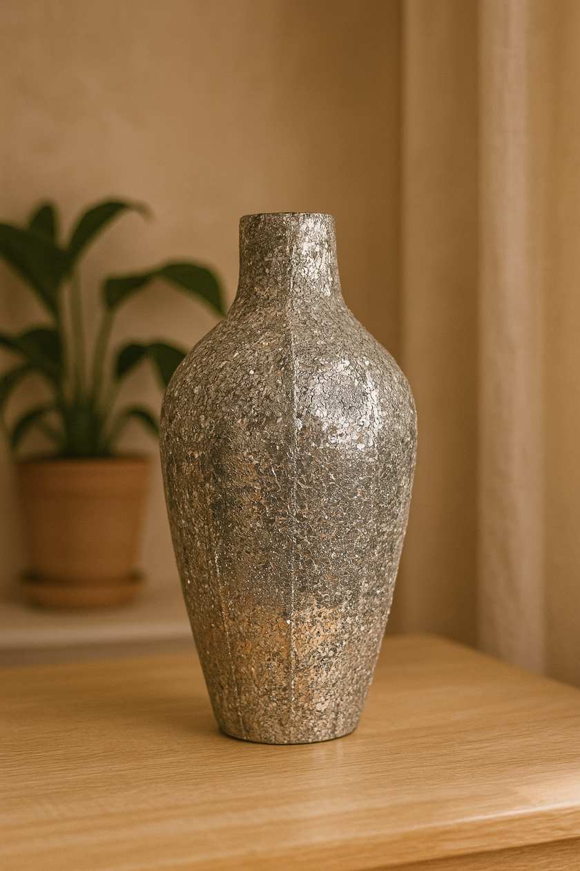 Textured vase on a wooden surface with a blurred plant and beige wall in the background