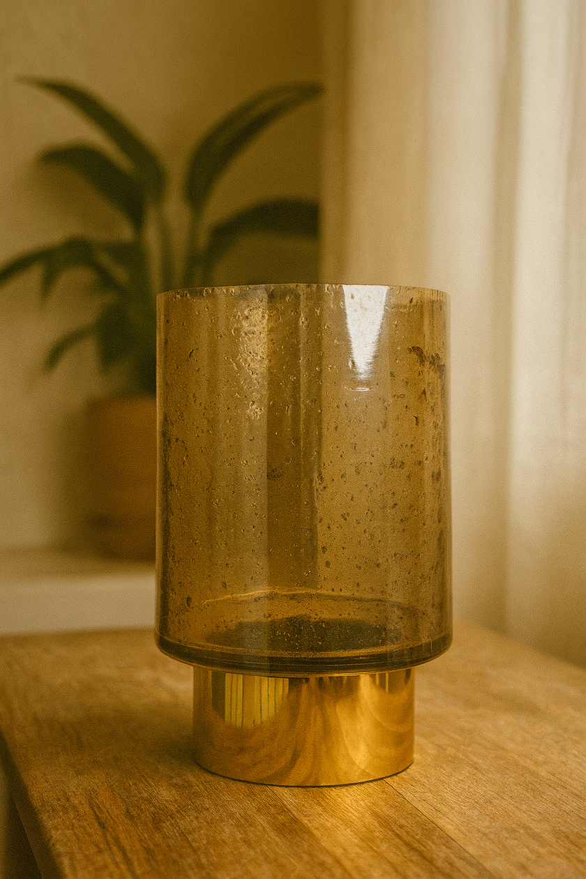 Amber Glass Cylinder Vase with Gold Base – Contemporary Elegance