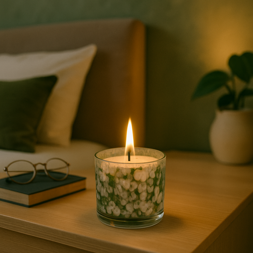 Emerald Mist Glow Candle – Green & White Speckled Glass Candle