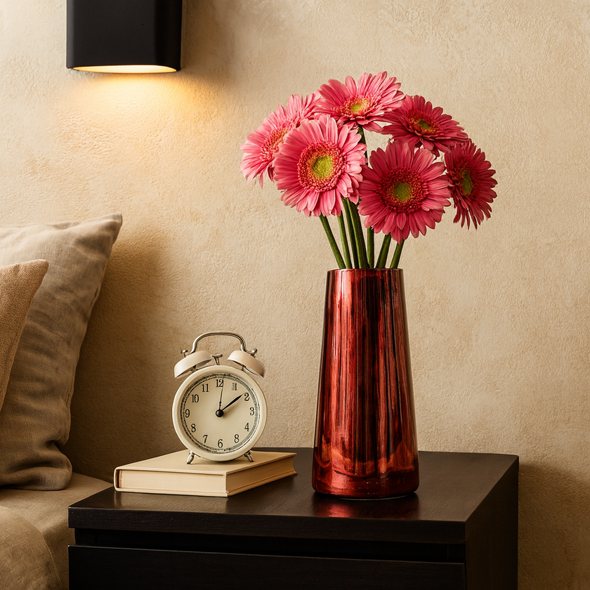 Red vase with pink flowers on a nightstand next to a white alarm clock and books.