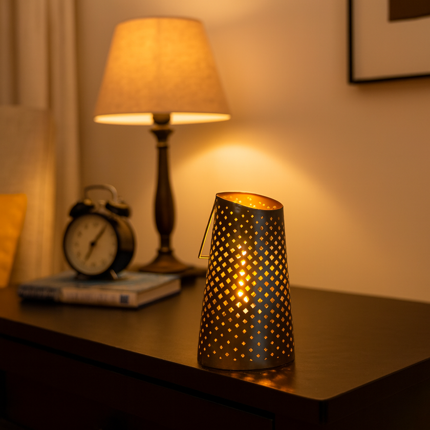 Gold Perforated Metal Lantern – Intricate Lighting Accent