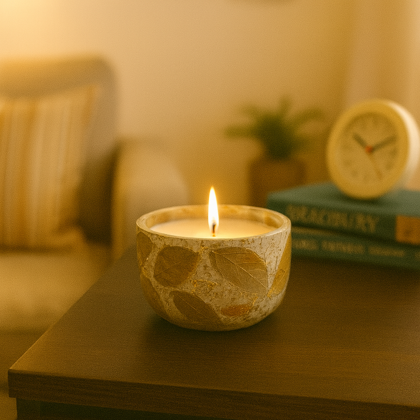 Golden Leaf Glow Candle – Handcrafted Glass Candle with Leaf Design