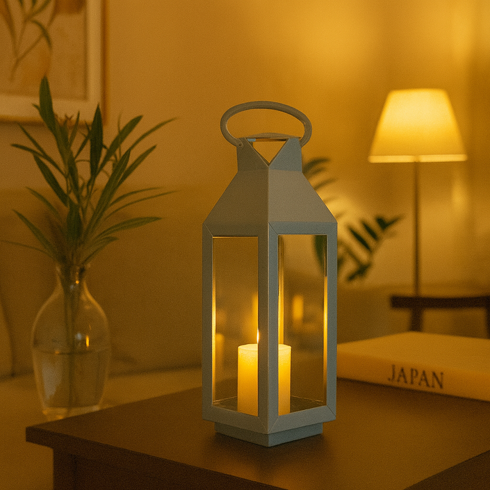 Grey Metal Frame Glass Lantern – Modern Rustic Candle Holder