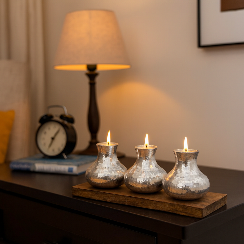 Hammered Silver Candle Holder Trio – Wooden Base Centerpiece