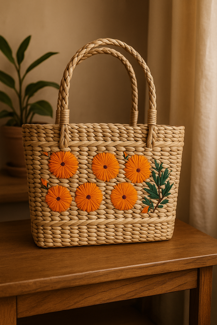 Handwoven Cane Tote Bag with Marigold Embroidery