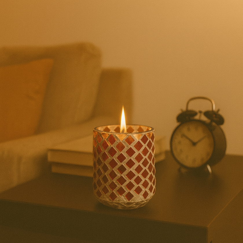 Red Diamond Mosaic Candle – Elegant Red & Silver Mosaic Glass Candle