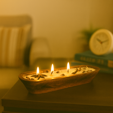 Rustic Row Wooden Candle – Long Wooden Bowl Candle with Multiple Wicks