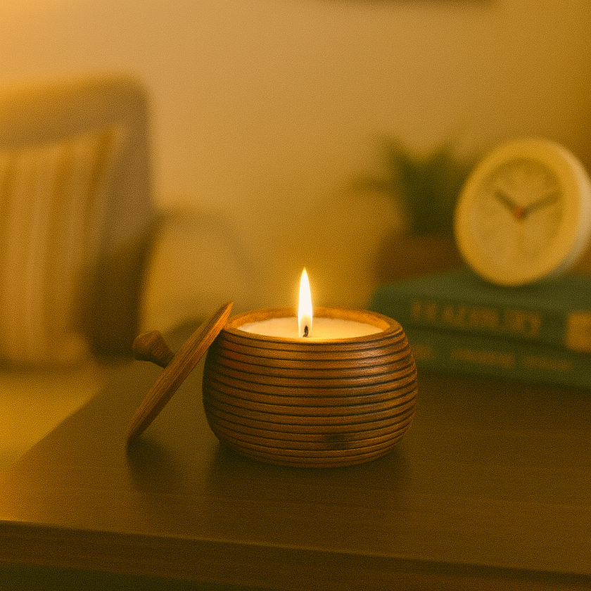 Rustic Wood Glow Candle – Round Wooden Jar Candle with Lid