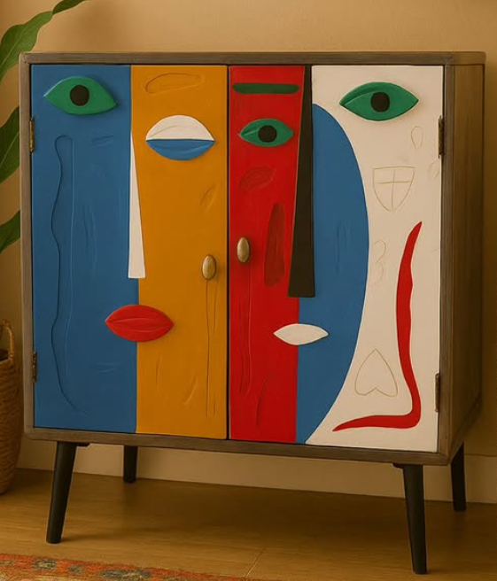 Colorful Face Art Cabinet – Handcrafted Abstract Storage Unit