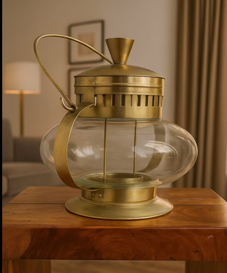 Antique Brass and Glass Lantern – Vintage Tabletop Accent