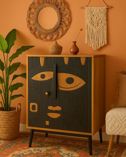 Modern Tribal Face Wooden Cabinet – Designer Storage Unit