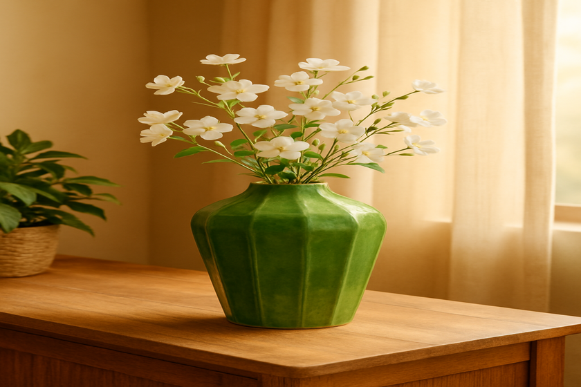 Green vase with white flowers on a wooden surface against a beige curtain.