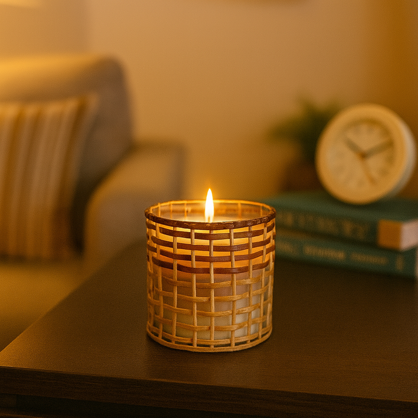 Woven Glow Candle – Handcrafted Woven Cane Design Candle Jar