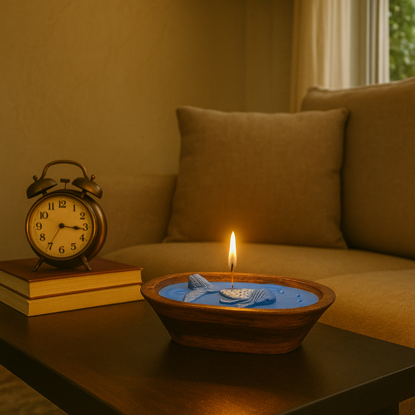 Blue Koi Fish Wax Candle – Handcrafted Decorative Candle in Wooden Bowl